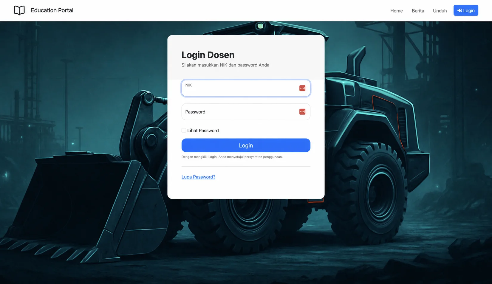 Privacy-redacted education portal login interface over a heavy machinery photograph