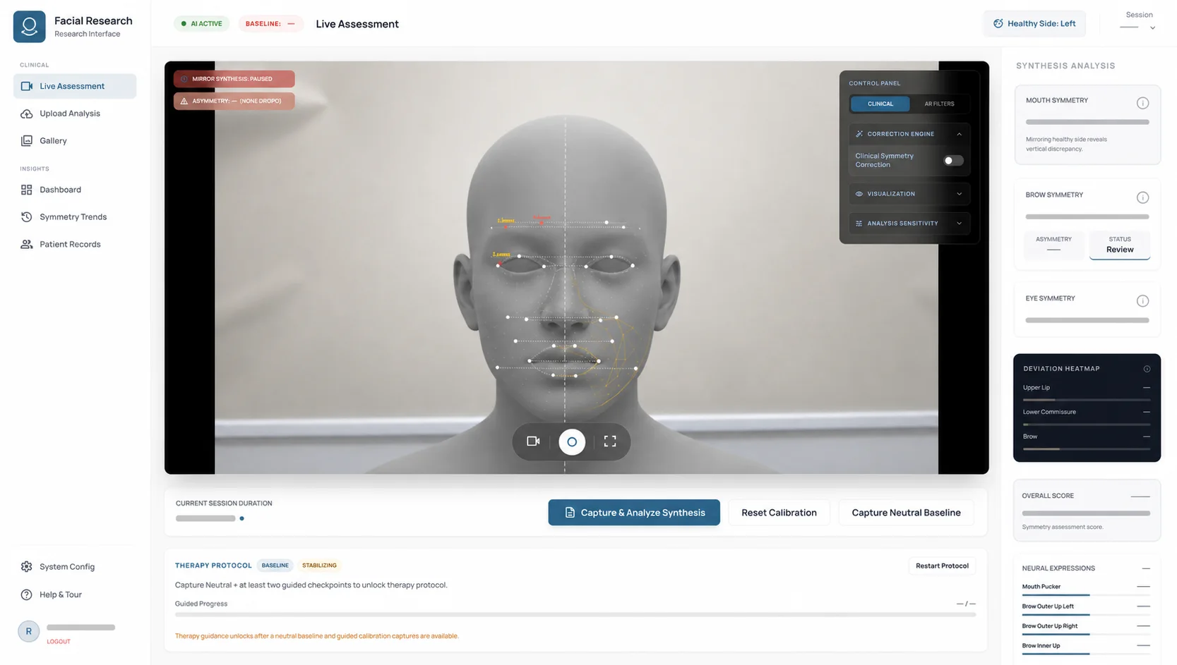 Privacy-redacted facial asymmetry research interface with a synthetic mannequin and landmark overlay